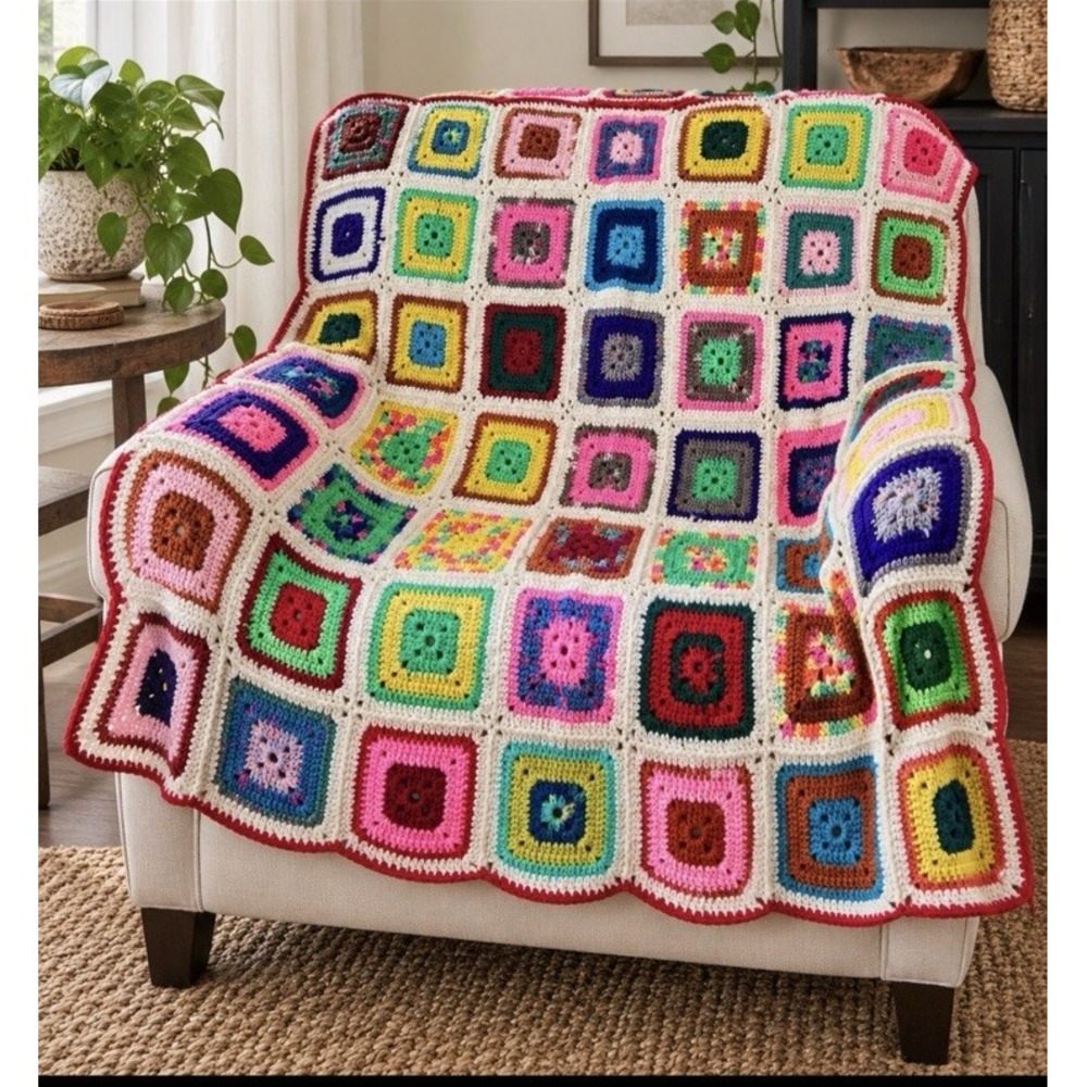 Handmade Multicolor Granny Square Crochet Blanket Throw 48X42 Colorful Boho